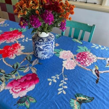 Canvas Tablecloth Cornflower Blue Birds and Peonies