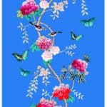 Cornflower Blue Canvas Tablecloth with Birds and PEonies