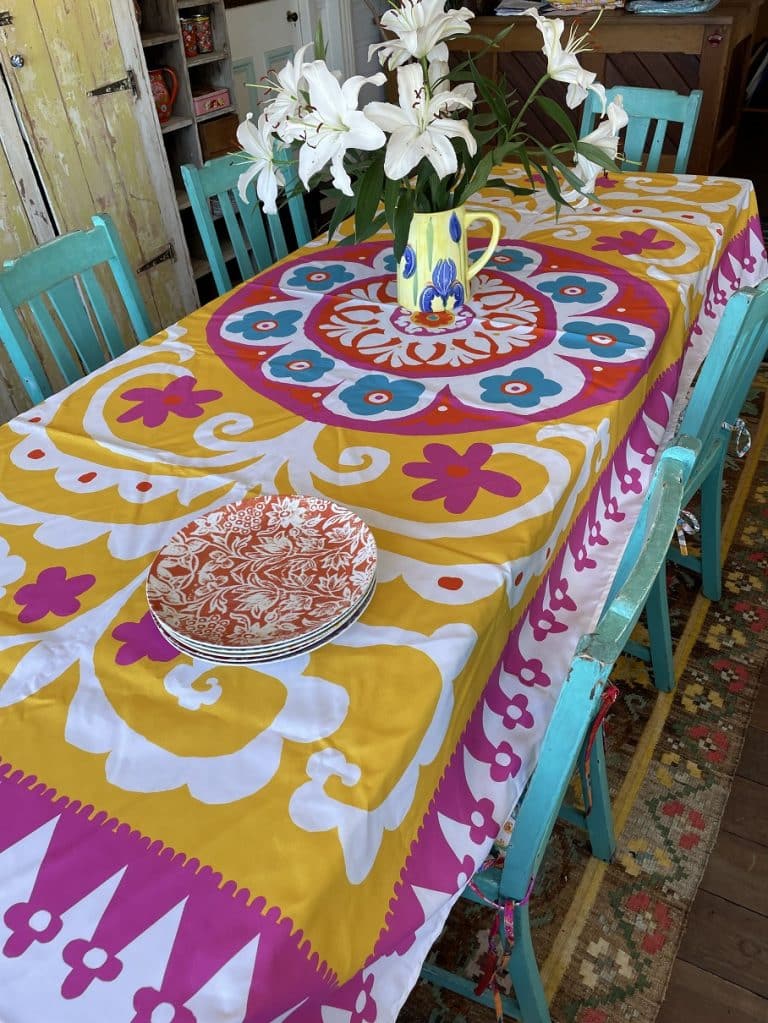 Canvas Table Cloth Suzani Yellow and Pink