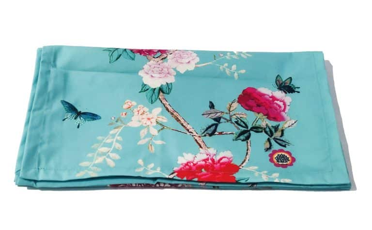 Canvas Table Runner Turquoise with Birds and Peonies