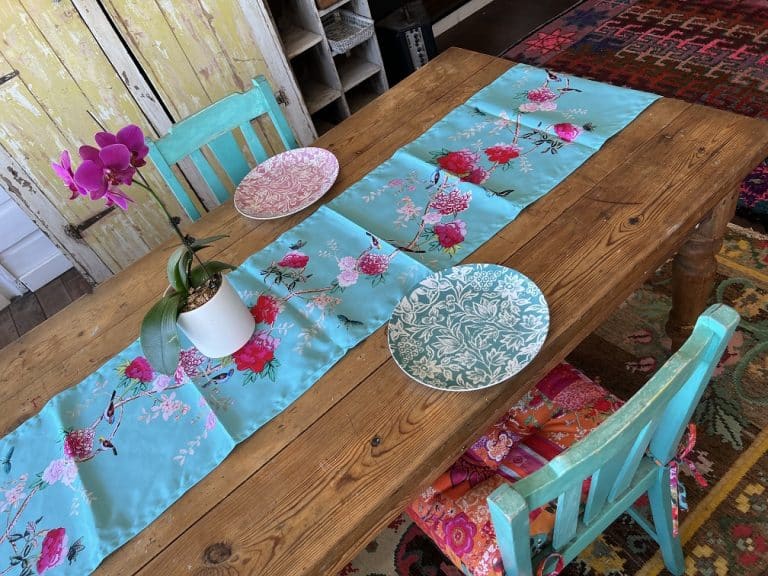 Canvas Table Runner Turquoise Birds and Peonies