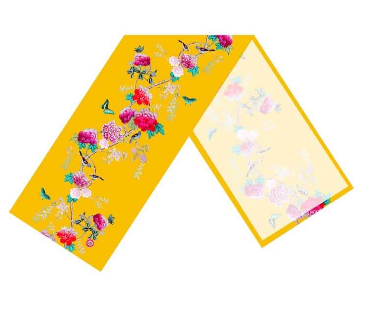 Canvas Table Runner Saffron Yellow with birds and peonies