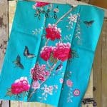 Cotton Turquoise Bird Tea Towel with pretty pink peonies butterfly and bird
