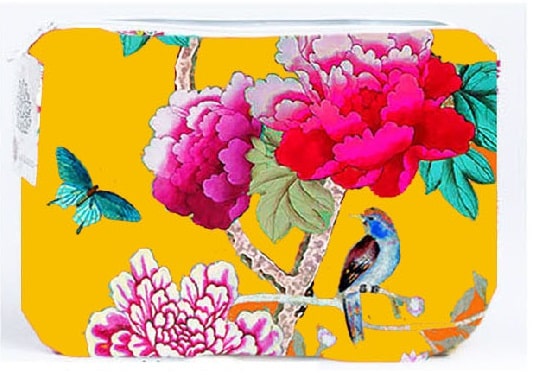 Rectangle Saffron yellow velvet purse lined with zip pretty peonies and bird