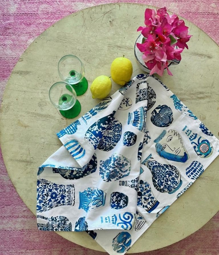 Cotton Tea Towel with Blue vases by Anna Chandler Design