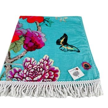 Cotton Beach Towel Turquoise with Bird and Peonies